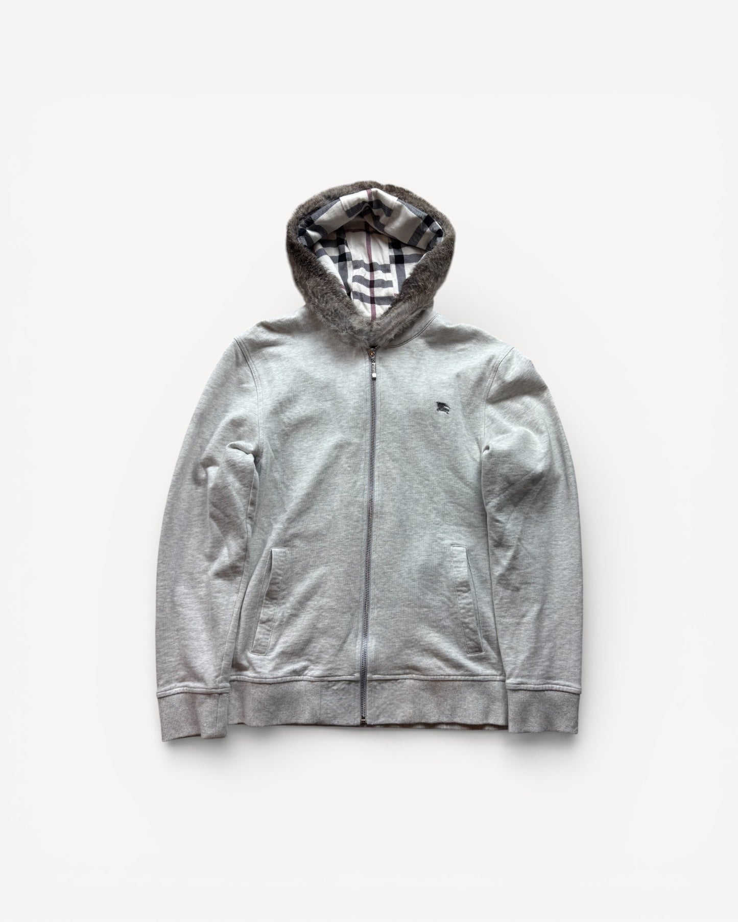 BURBERRY GREY FUR ZIP UP HOODIE (S)