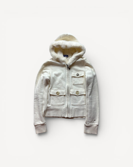 BURBERRY WHITE FUR ZIP UP HOODIE (XS)